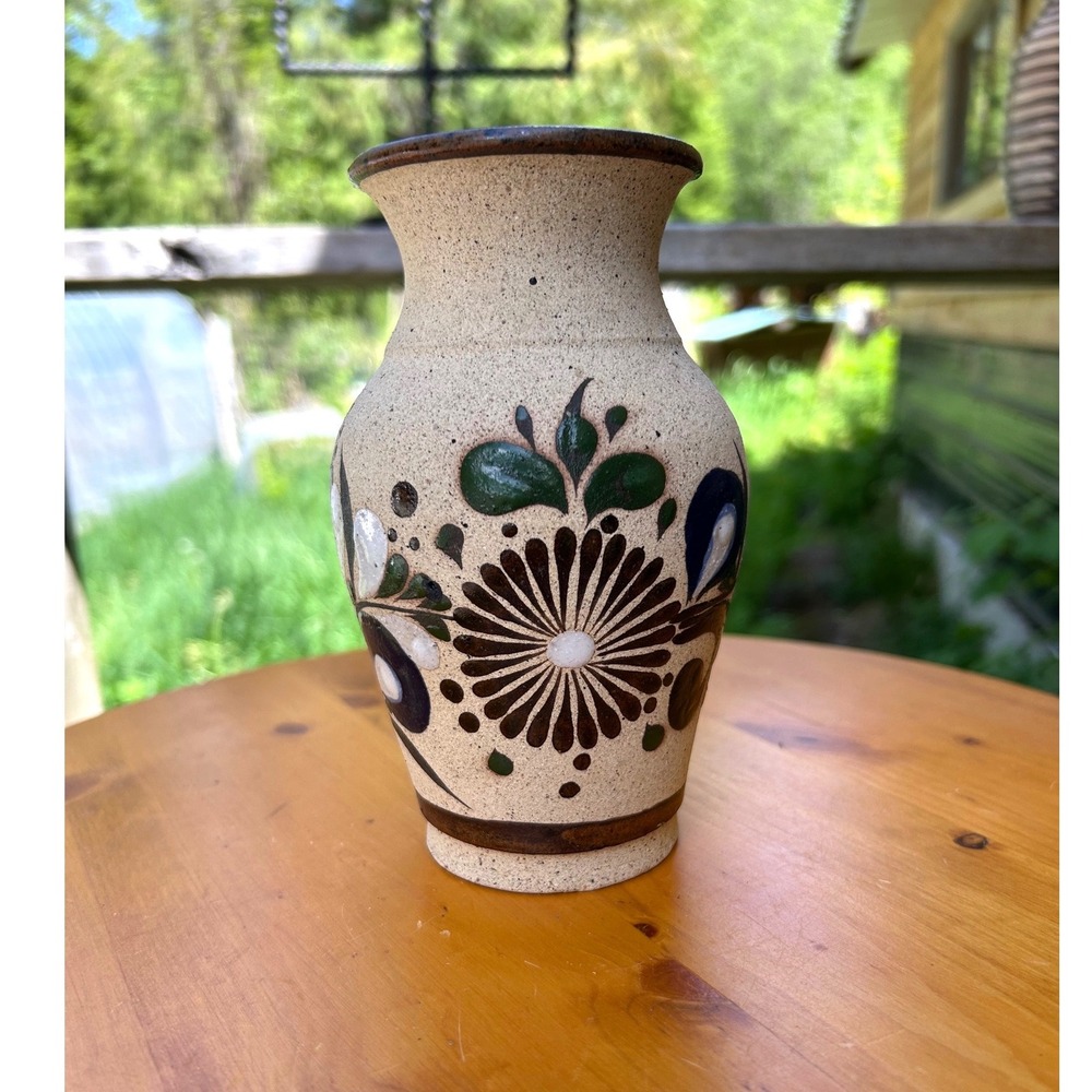 Vintage Sandstone Clay Vase Tan Floral Folk Art Southwest Tonala Mexico Mira Mor
